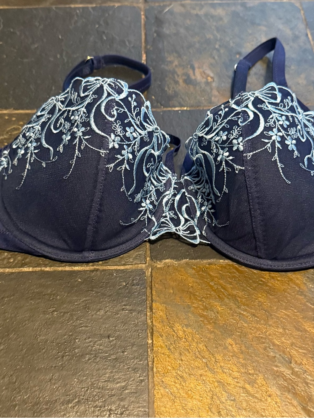 Adore Me Navy Bra with Light Blue Embroidered Floral Lace